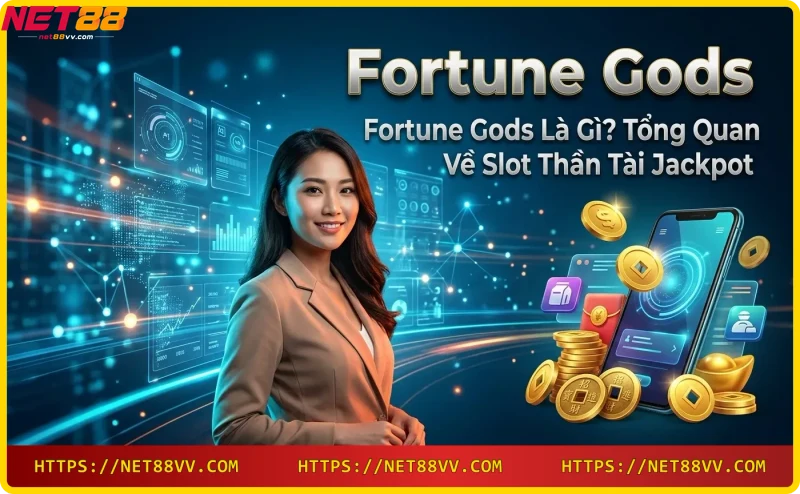 Hình ảnh tổng quan slot Fortune Gods với các biểu tượng may mắn và jackpot lũy tiến