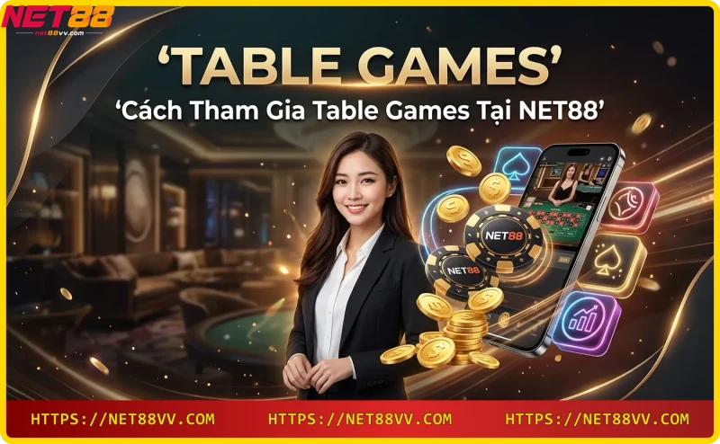 Người chơi hào hứng tham gia table games tại NET88 với chip và bài