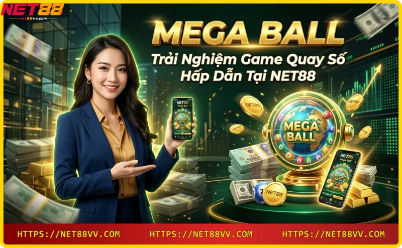 Sân khấu game quay số Mega Ball live với quả cầu phát sáng và bóng đánh số